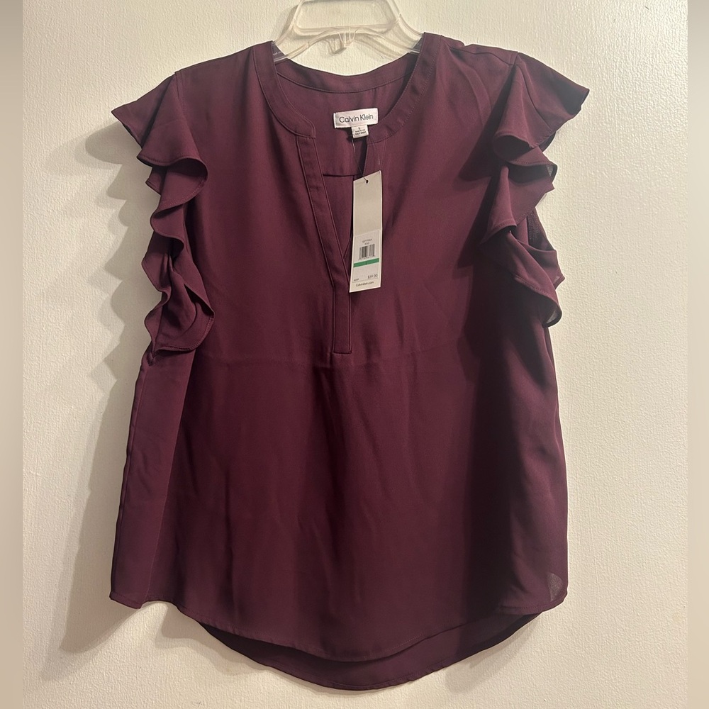 NWT Large Calvin Klein Women's Ruffle Sleeve Blouse - Dark burgundy